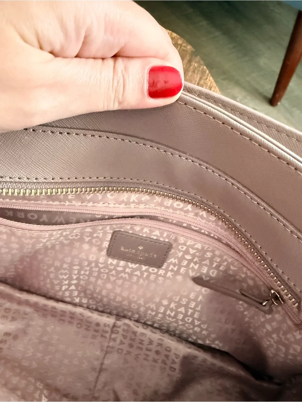 kate spade taupe mauve leather satchel with gold hardware